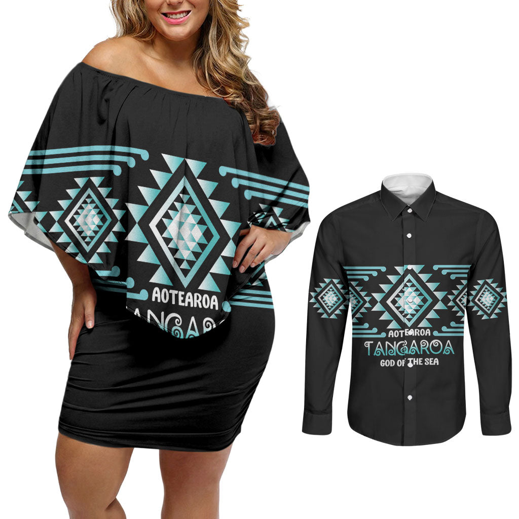 Aotearoa Atua Tangaroa Personalised Couples Matching Off Shoulder Short Dress and Long Sleeve Button Shirt Maori God Of The Sea Taniko Motifs LT14 Turquoise - Polynesian Pride