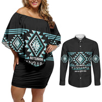 Aotearoa Atua Tangaroa Personalised Couples Matching Off Shoulder Short Dress and Long Sleeve Button Shirt Maori God Of The Sea Taniko Motifs LT14 Turquoise - Polynesian Pride