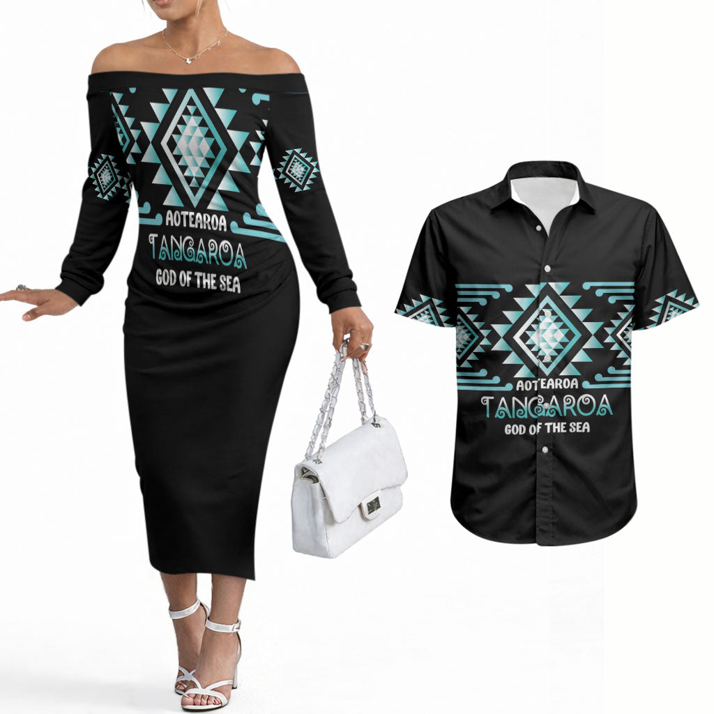 Aotearoa Atua Tangaroa Personalised Couples Matching Off The Shoulder Long Sleeve Dress and Hawaiian Shirt Maori God Of The Sea Taniko Motifs LT14 Turquoise - Polynesian Pride