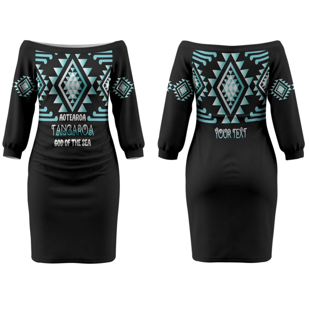 Aotearoa Atua Tangaroa Personalised Couples Matching Off The Shoulder Long Sleeve Dress and Long Sleeve Button Shirt Maori God Of The Sea Taniko Motifs LT14 - Polynesian Pride