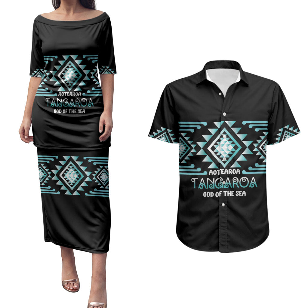 Aotearoa Atua Tangaroa Personalised Couples Matching Puletasi and Hawaiian Shirt Maori God Of The Sea Taniko Motifs LT14 Turquoise - Polynesian Pride