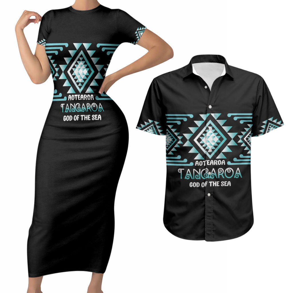 Aotearoa Atua Tangaroa Personalised Couples Matching Short Sleeve Bodycon Dress and Hawaiian Shirt Maori God Of The Sea Taniko Motifs LT14 Turquoise - Polynesian Pride