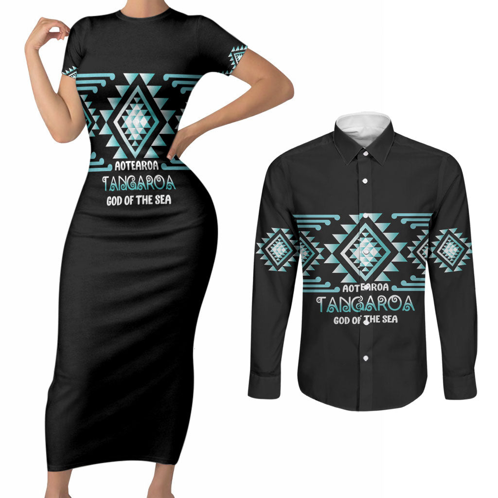 Aotearoa Atua Tangaroa Personalised Couples Matching Short Sleeve Bodycon Dress and Long Sleeve Button Shirt Maori God Of The Sea Taniko Motifs LT14 Turquoise - Polynesian Pride