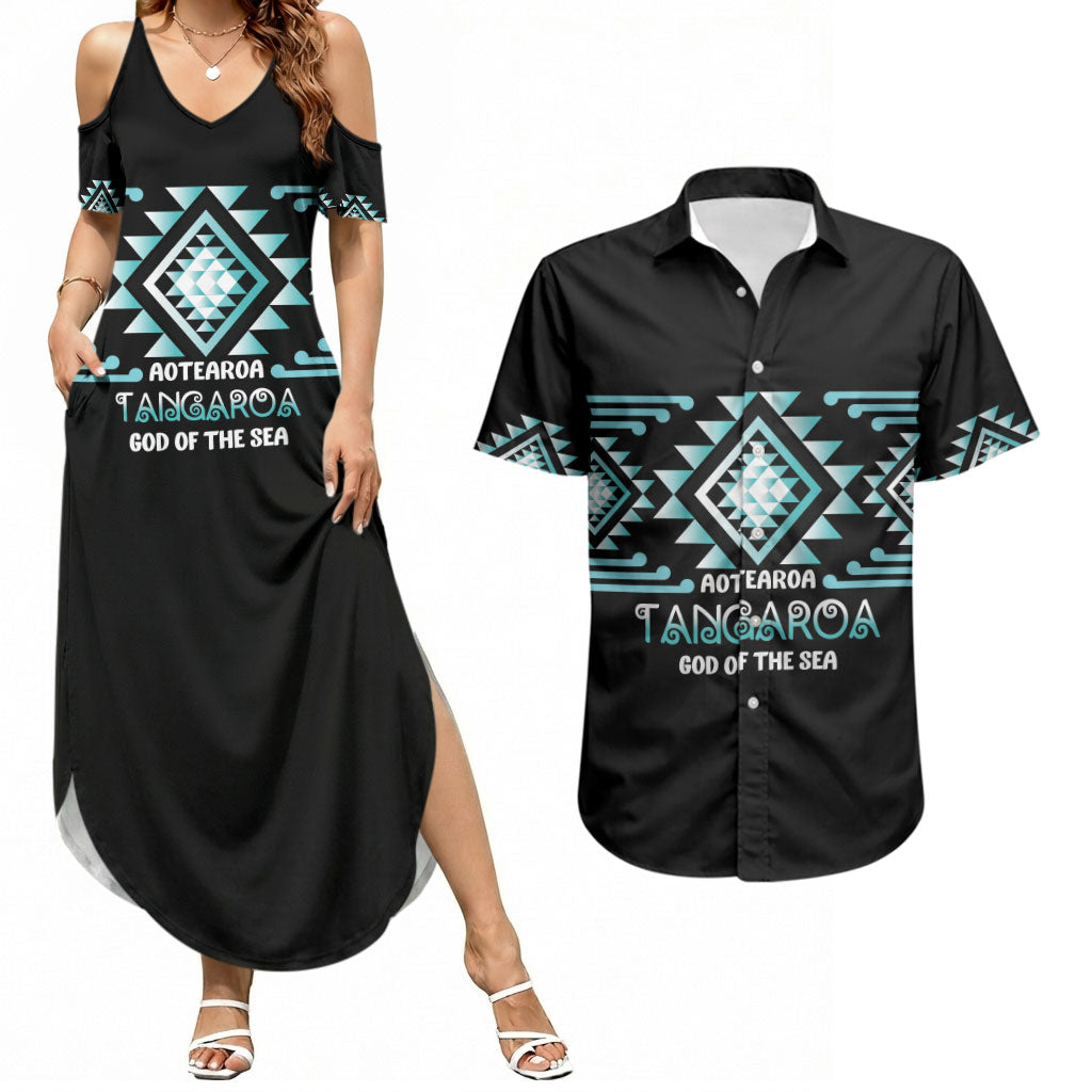 Aotearoa Atua Tangaroa Personalised Couples Matching Summer Maxi Dress and Hawaiian Shirt Maori God Of The Sea Taniko Motifs LT14 Turquoise - Polynesian Pride