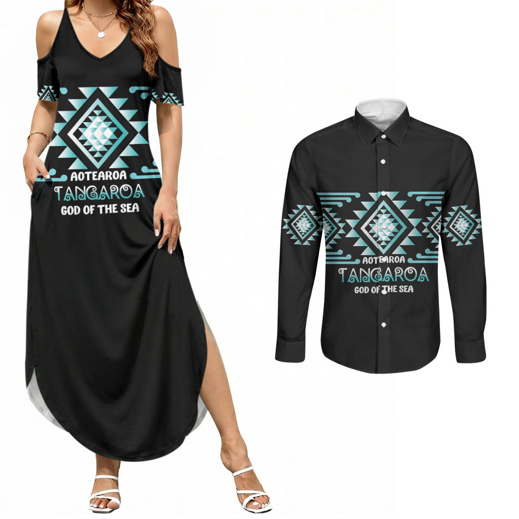 Aotearoa Atua Tangaroa Personalised Couples Matching Summer Maxi Dress and Long Sleeve Button Shirt Maori God Of The Sea Taniko Motifs LT14 Turquoise - Polynesian Pride