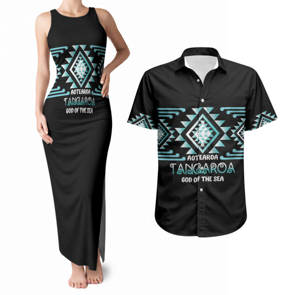 Aotearoa Atua Tangaroa Personalised Couples Matching Tank Maxi Dress and Hawaiian Shirt Maori God Of The Sea Taniko Motifs LT14 Turquoise - Polynesian Pride