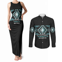 Aotearoa Atua Tangaroa Personalised Couples Matching Tank Maxi Dress and Long Sleeve Button Shirt Maori God Of The Sea Taniko Motifs LT14 Turquoise - Polynesian Pride