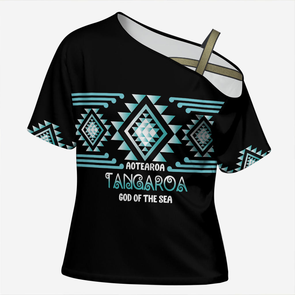 Aotearoa Atua Tangaroa Personalised Cross Shoulder Shirt Maori God Of The Sea Taniko Motifs LT14 Female Turquoise - Polynesian Pride