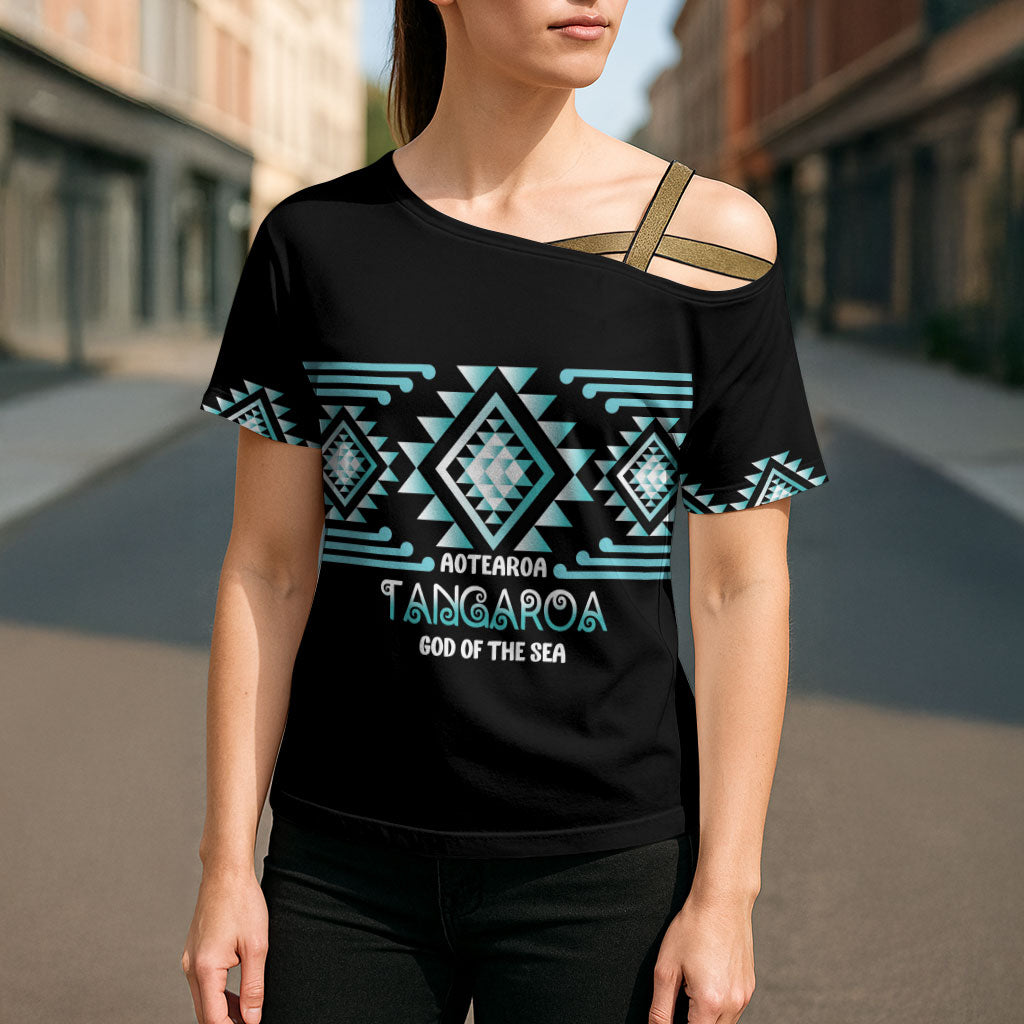 Aotearoa Atua Tangaroa Personalised Cross Shoulder Shirt Maori God Of The Sea Taniko Motifs LT14 - Polynesian Pride