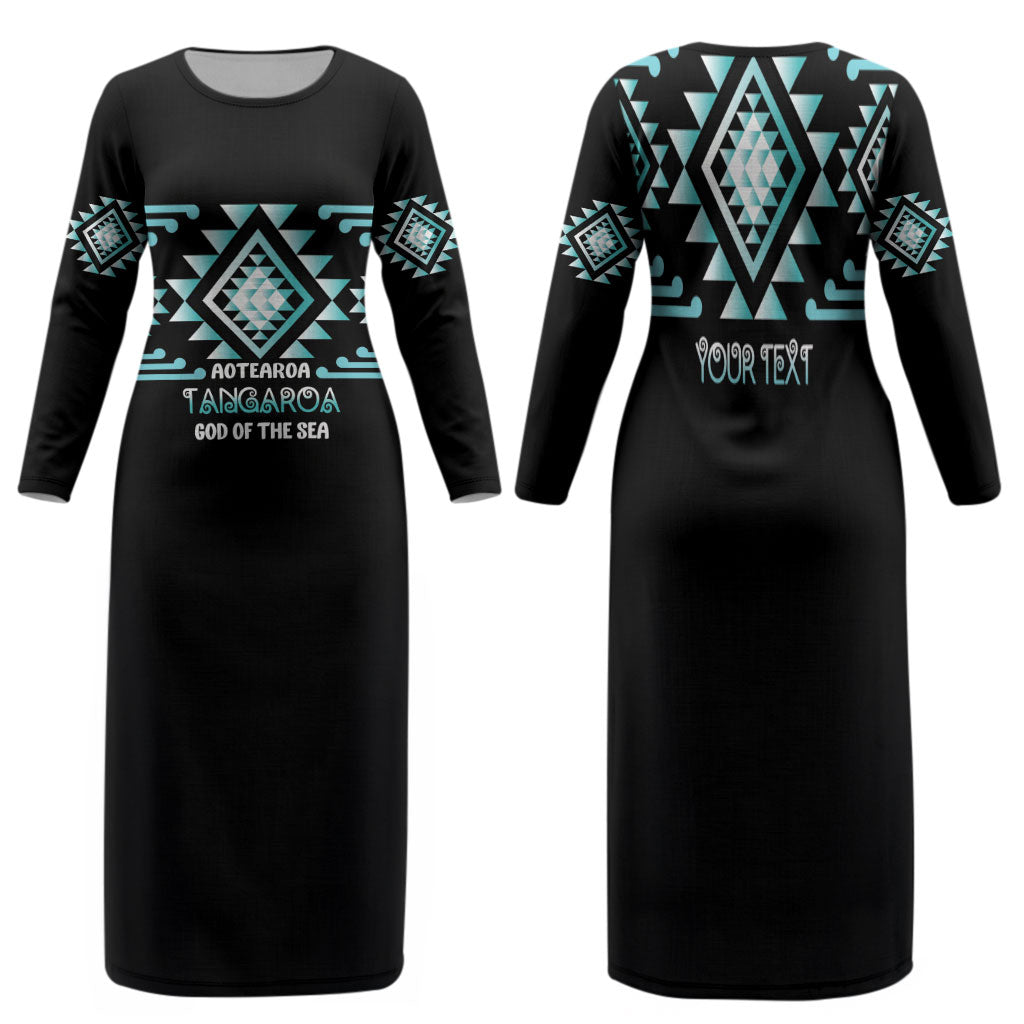 Aotearoa Atua Tangaroa Personalised Family Matching Long Sleeve Bodycon Dress and Hawaiian Shirt Maori God Of The Sea Taniko Motifs LT14 Mom's Dress Turquoise - Polynesian Pride