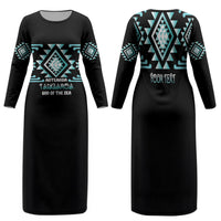 Aotearoa Atua Tangaroa Personalised Family Matching Long Sleeve Bodycon Dress and Hawaiian Shirt Maori God Of The Sea Taniko Motifs LT14 Mom's Dress Turquoise - Polynesian Pride