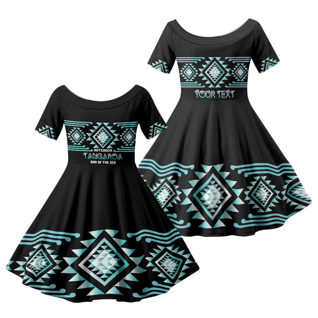 Aotearoa Atua Tangaroa Personalised Family Matching Off The Shoulder Long Sleeve Dress and Hawaiian Shirt Maori God Of The Sea Taniko Motifs LT14 Daughter's Dress Turquoise - Polynesian Pride