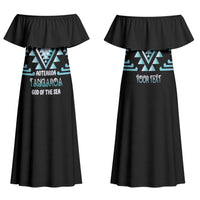 Aotearoa Atua Tangaroa Personalised Family Matching Off Shoulder Maxi Dress and Hawaiian Shirt Maori God Of The Sea Taniko Motifs LT14 Mom's Dress Turquoise - Polynesian Pride