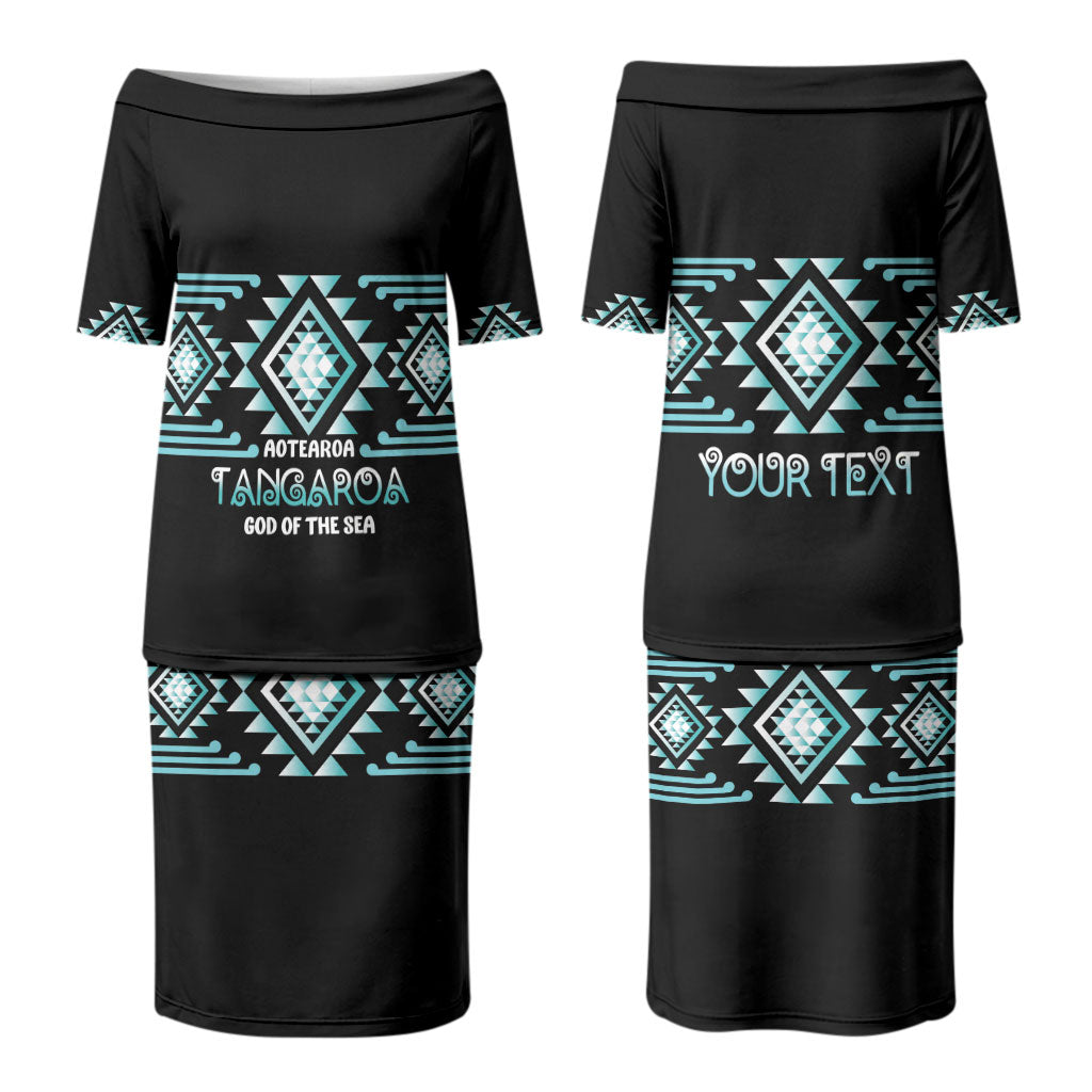 Aotearoa Atua Tangaroa Personalised Family Matching Puletasi and Hawaiian Shirt Maori God Of The Sea Taniko Motifs LT14 Mom's Dress Turquoise - Polynesian Pride