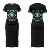 Aotearoa Atua Tangaroa Personalised Family Matching Short Sleeve Bodycon Dress and Hawaiian Shirt Maori God Of The Sea Taniko Motifs LT14 Mom's Dress Turquoise - Polynesian Pride