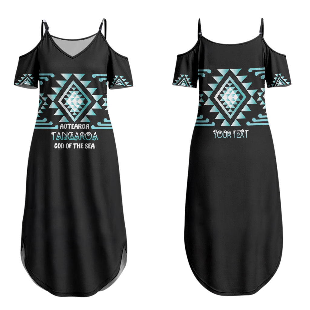 Aotearoa Atua Tangaroa Personalised Family Matching Summer Maxi Dress and Hawaiian Shirt Maori God Of The Sea Taniko Motifs LT14 Mom's Dress Turquoise - Polynesian Pride