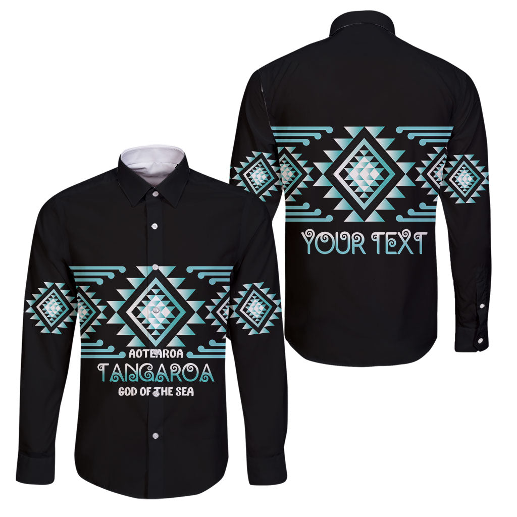Aotearoa Atua Tangaroa Personalised Family Matching Summer Maxi Dress and Hawaiian Shirt Maori God Of The Sea Taniko Motifs LT14 Dad's Shirt - Long Sleeve Turquoise - Polynesian Pride