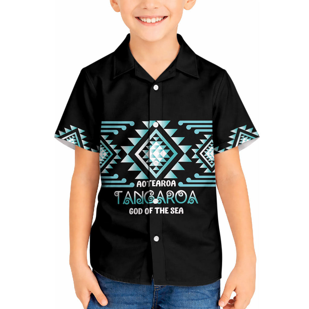 Aotearoa Atua Tangaroa Personalised Kid Hawaiian Shirt Maori God Of The Sea Taniko Motifs LT14 Kid Turquoise - Polynesian Pride