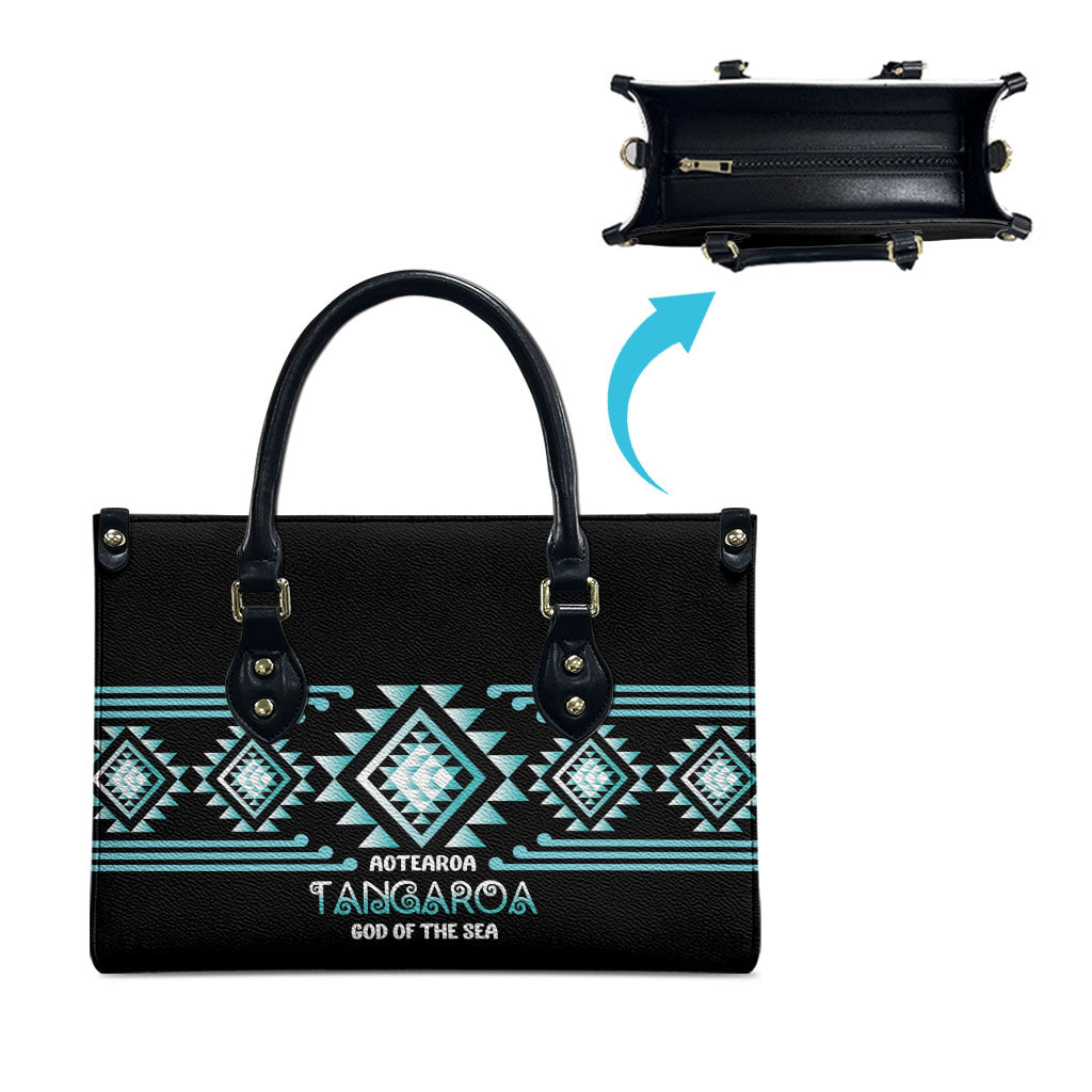 Aotearoa Atua Tangaroa Leather Bag Maori God Of The Sea Taniko Motifs LT14 - Polynesian Pride