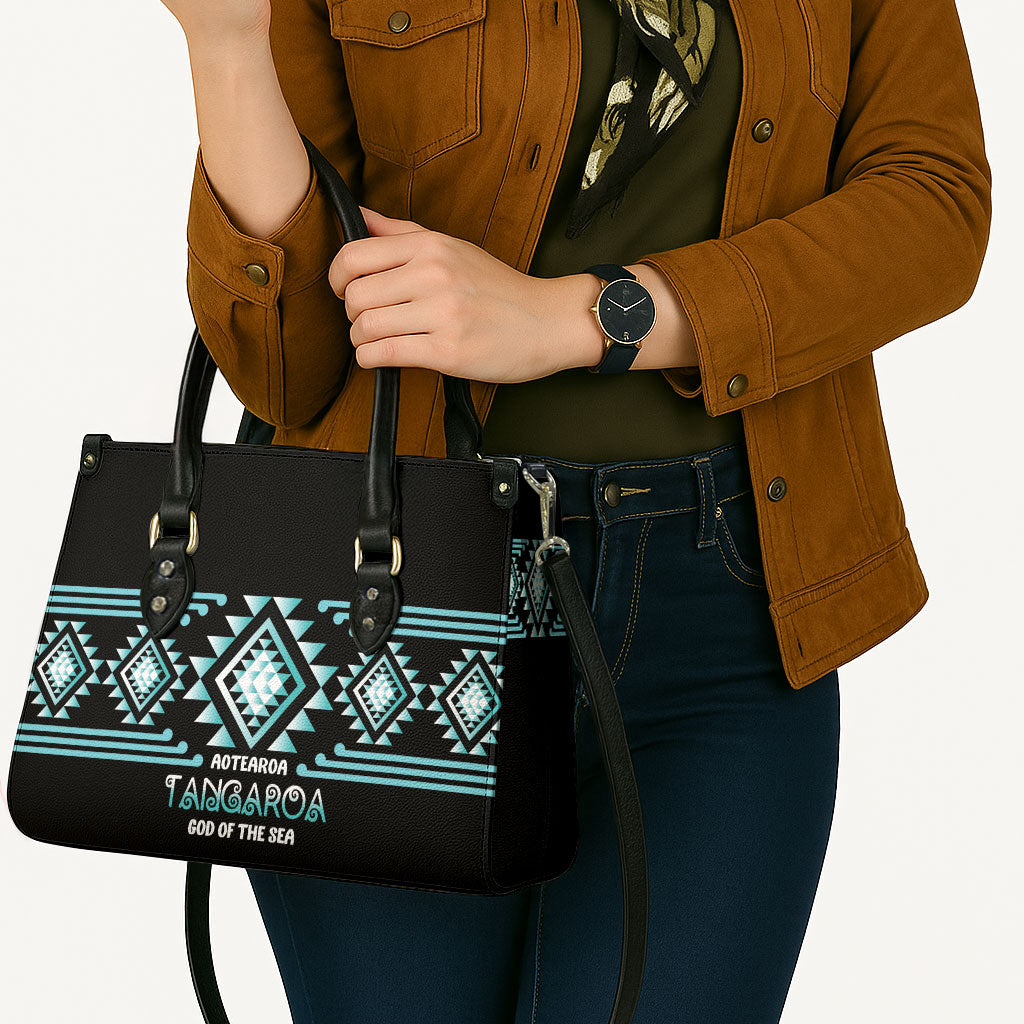Aotearoa Atua Tangaroa Leather Bag Maori God Of The Sea Taniko Motifs LT14 - Polynesian Pride