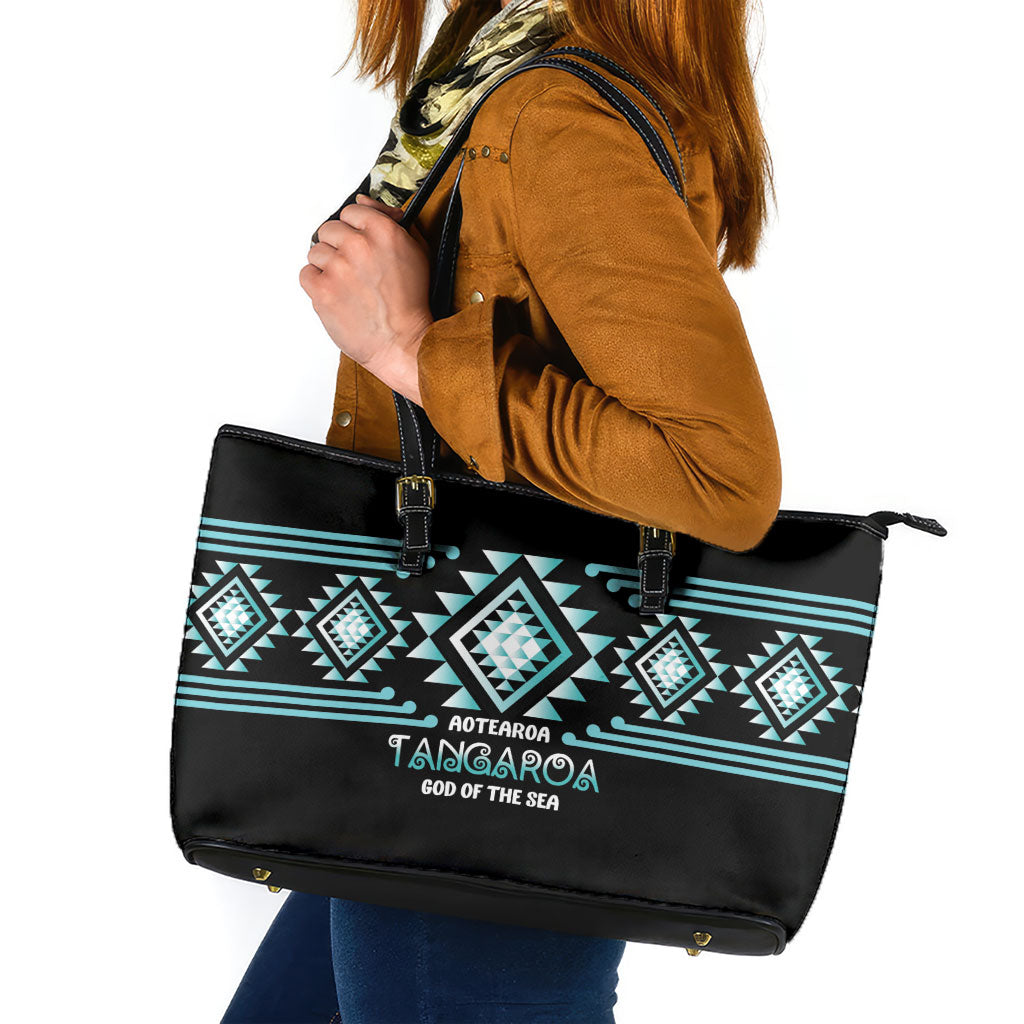 Aotearoa Atua Tangaroa Leather Tote Bag Maori God Of The Sea Taniko Motifs LT14 Turquoise - Polynesian Pride