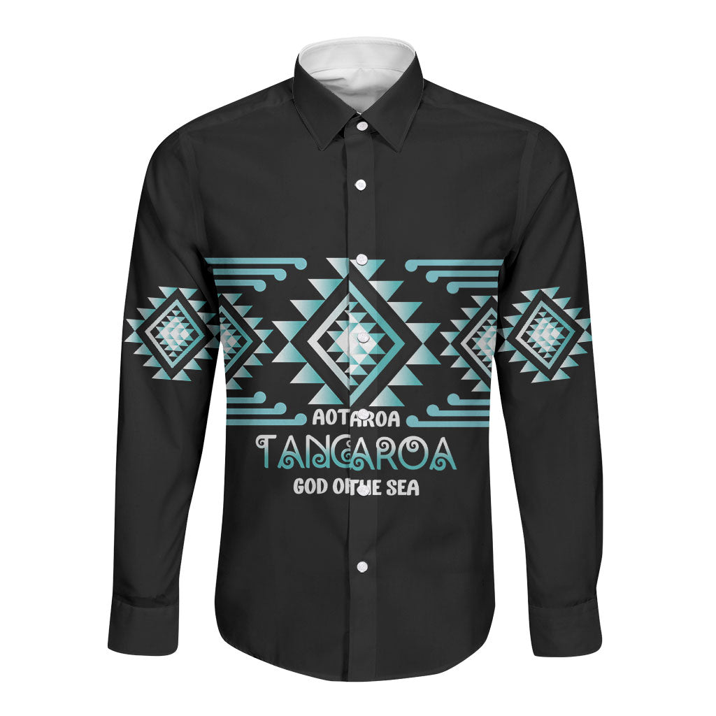Aotearoa Atua Tangaroa Personalised Long Sleeve Button Shirt Maori God Of The Sea Taniko Motifs LT14 Unisex Turquoise - Polynesian Pride