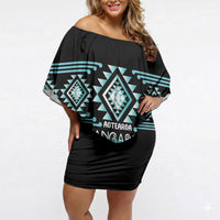 Aotearoa Atua Tangaroa Personalised Off Shoulder Short Dress Maori God Of The Sea Taniko Motifs LT14 Women Turquoise - Polynesian Pride