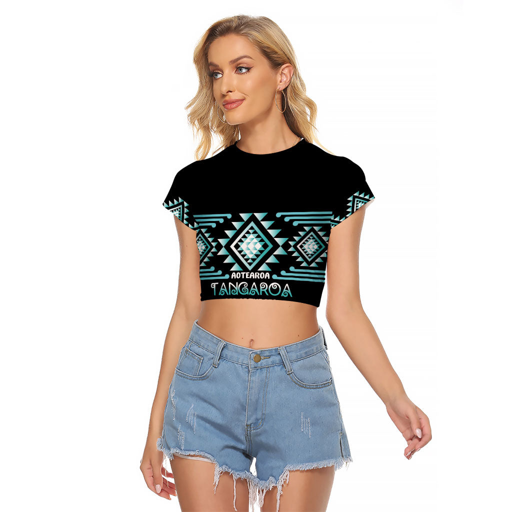Aotearoa Atua Tangaroa Personalised Raglan Cropped T Shirt Maori God Of The Sea Taniko Motifs LT14 Female Turquoise - Polynesian Pride
