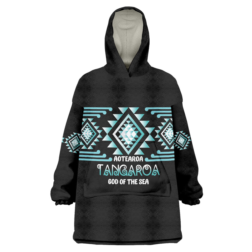 Aotearoa Atua Tangaroa Personalised Wearable Blanket Hoodie Maori God Of The Sea Taniko Motifs LT14 One Size Turquoise - Polynesian Pride