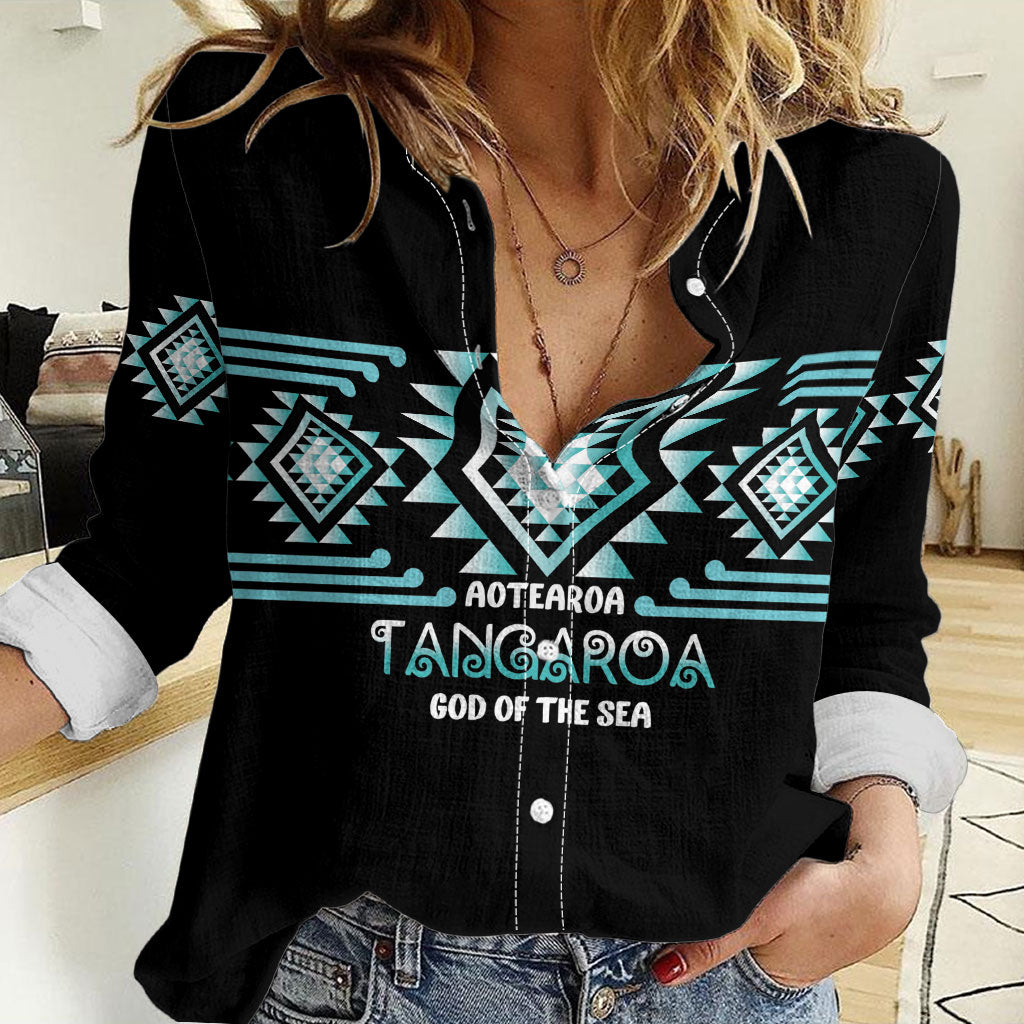 Aotearoa Atua Tangaroa Personalised Women Casual Shirt Maori God Of The Sea Taniko Motifs LT14 Female Turquoise - Polynesian Pride