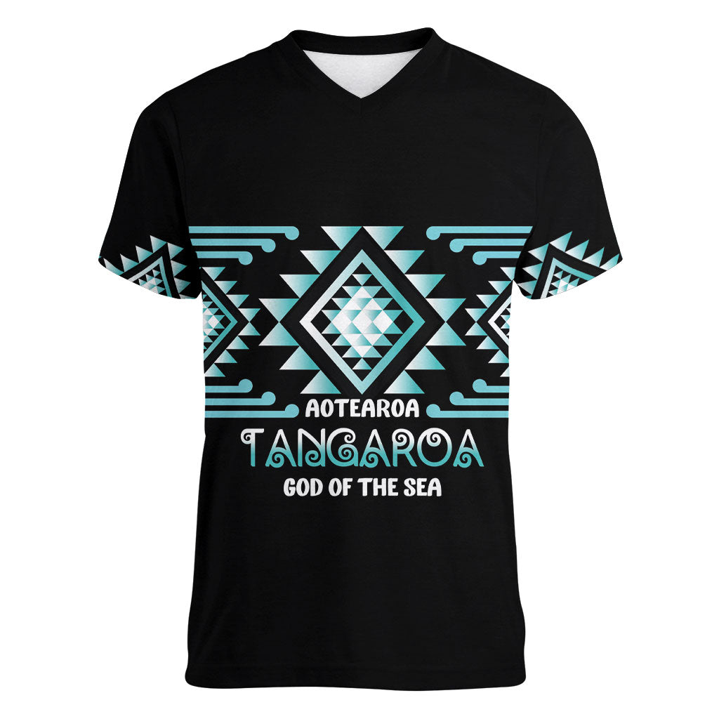 Aotearoa Atua Tangaroa Personalised Women V-Neck T-Shirt Maori God Of The Sea Taniko Motifs LT14 Female Turquoise - Polynesian Pride