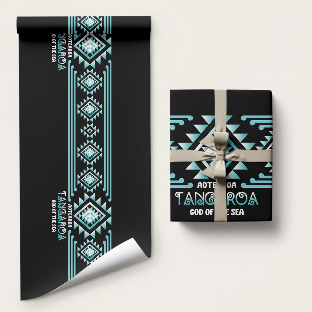Aotearoa Atua Tangaroa Wrapping Paper Maori God Of The Sea Taniko Motifs LT14 58" × 23" Turquoise - Polynesian Pride