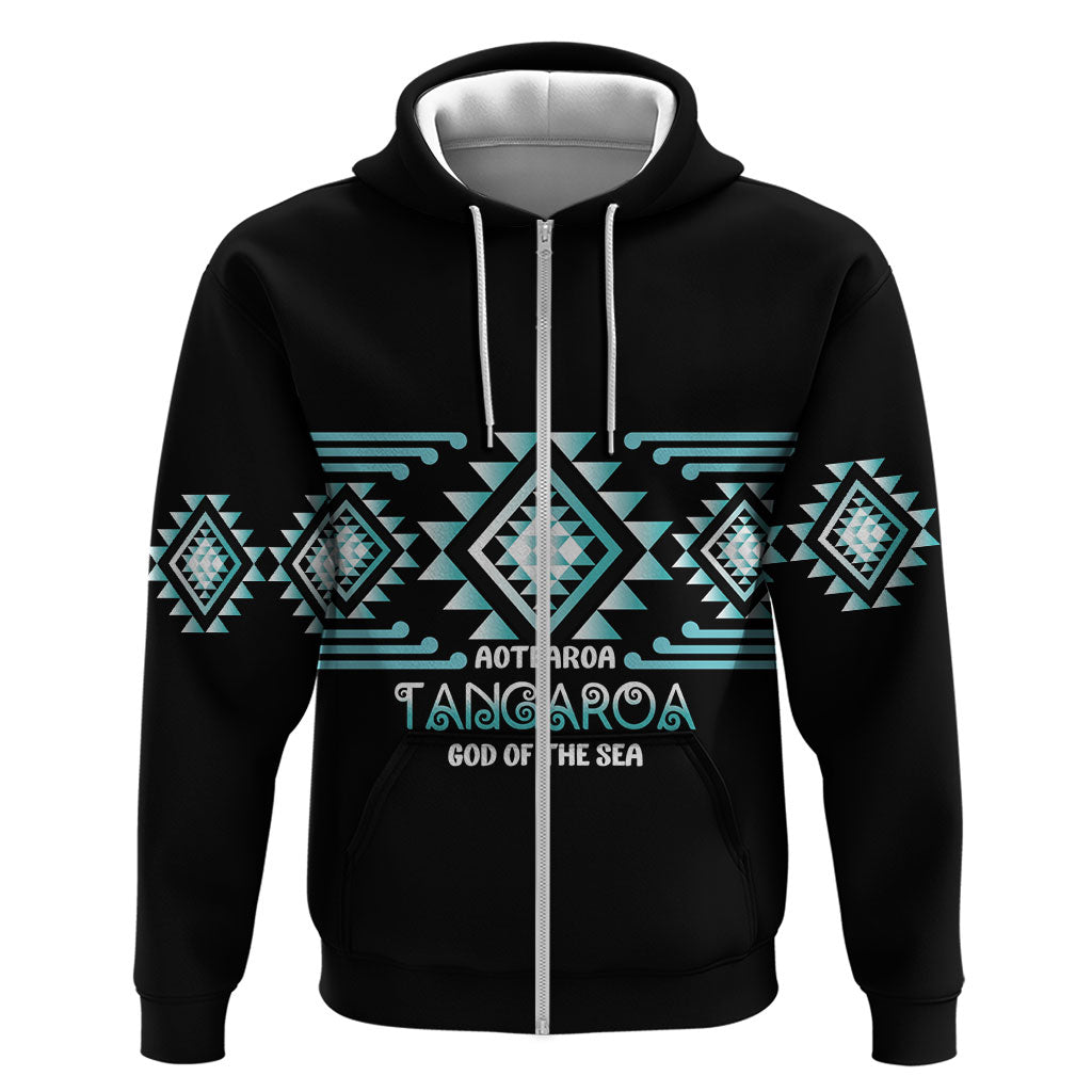 Aotearoa Atua Tangaroa Personalised Zip Hoodie Maori God Of The Sea Taniko Motifs LT14 Zip Hoodie Turquoise - Polynesian Pride