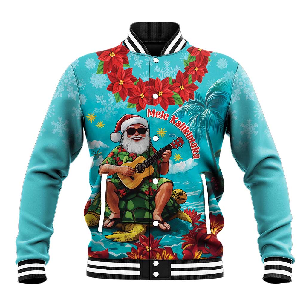 Hawaii Christmas Baseball Jacket Mele Kalikimaka Poinsettia Lei - Cyan