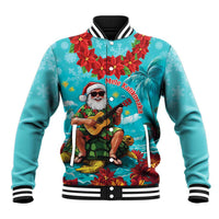 Hawaii Christmas Baseball Jacket Mele Kalikimaka Poinsettia Lei - Cyan