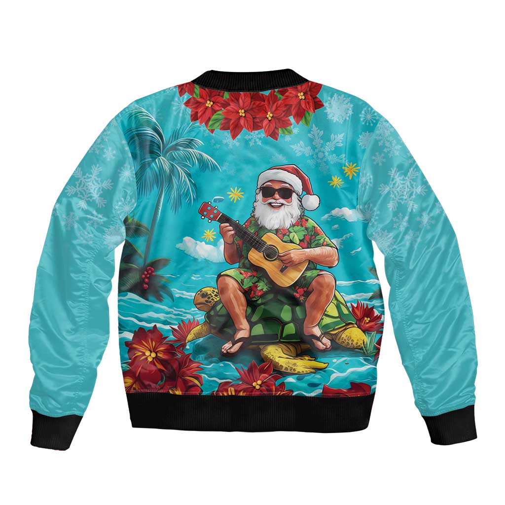 Hawaii Christmas Bomber Jacket Mele Kalikimaka Poinsettia Lei - Cyan