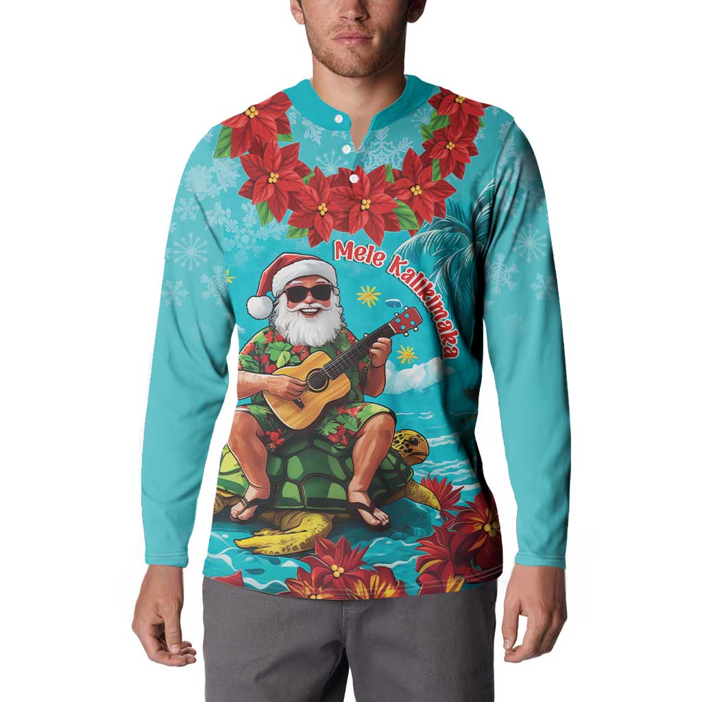 Hawaii Christmas Button Sweatshirt Mele Kalikimaka Poinsettia Lei - Cyan