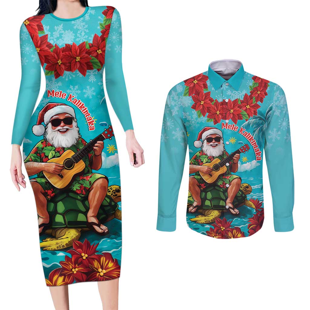 Hawaii Christmas Couples Matching Long Sleeve Bodycon Dress and Long Sleeve Button Shirt Mele Kalikimaka Poinsettia Lei - Cyan