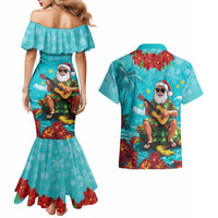 Hawaii Christmas Couples Matching Mermaid Dress and Hawaiian Shirt Mele Kalikimaka Poinsettia Lei - Cyan
