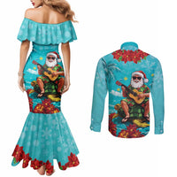 Hawaii Christmas Couples Matching Mermaid Dress and Long Sleeve Button Shirt Mele Kalikimaka Poinsettia Lei - Cyan