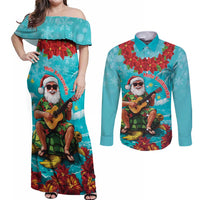 Hawaii Christmas Couples Matching Off Shoulder Maxi Dress and Long Sleeve Button Shirt Mele Kalikimaka Poinsettia Lei - Cyan