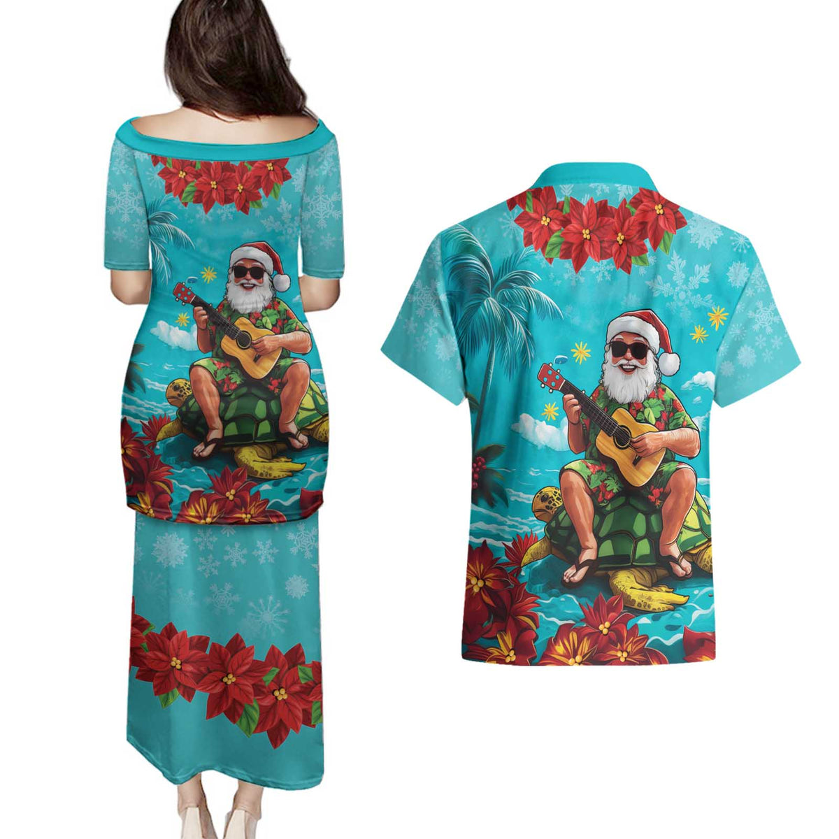 Hawaii Christmas Couples Matching Puletasi and Hawaiian Shirt Mele Kalikimaka Poinsettia Lei - Cyan