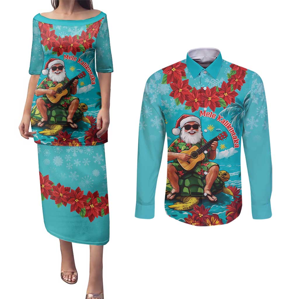 Hawaii Christmas Couples Matching Puletasi and Long Sleeve Button Shirt Mele Kalikimaka Poinsettia Lei - Cyan