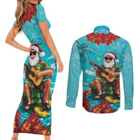 Hawaii Christmas Couples Matching Short Sleeve Bodycon Dress and Long Sleeve Button Shirt Mele Kalikimaka Poinsettia Lei - Cyan