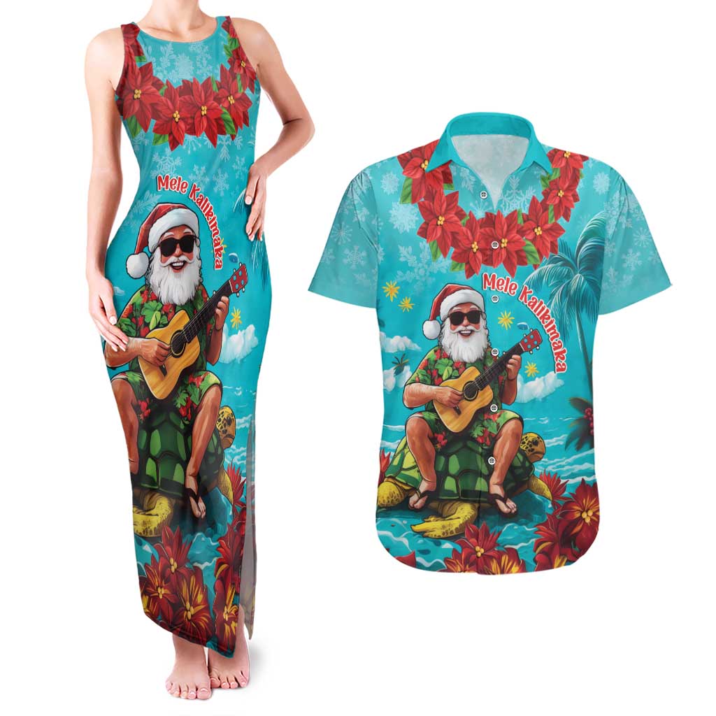Hawaii Christmas Couples Matching Tank Maxi Dress and Hawaiian Shirt Mele Kalikimaka Poinsettia Lei - Cyan