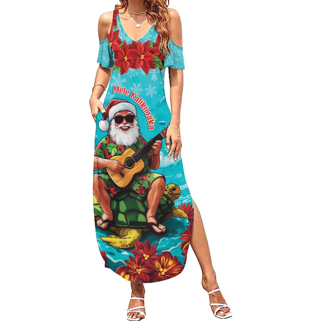 Hawaii Christmas Family Matching Summer Maxi Dress and Hawaiian Shirt Mele Kalikimaka Poinsettia Lei - Cyan