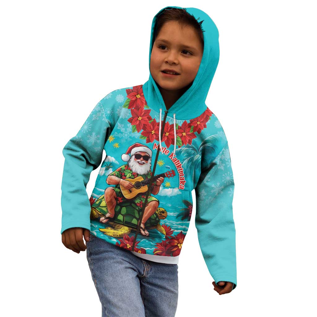 Hawaii Christmas Kid Hoodie Mele Kalikimaka Poinsettia Lei - Cyan