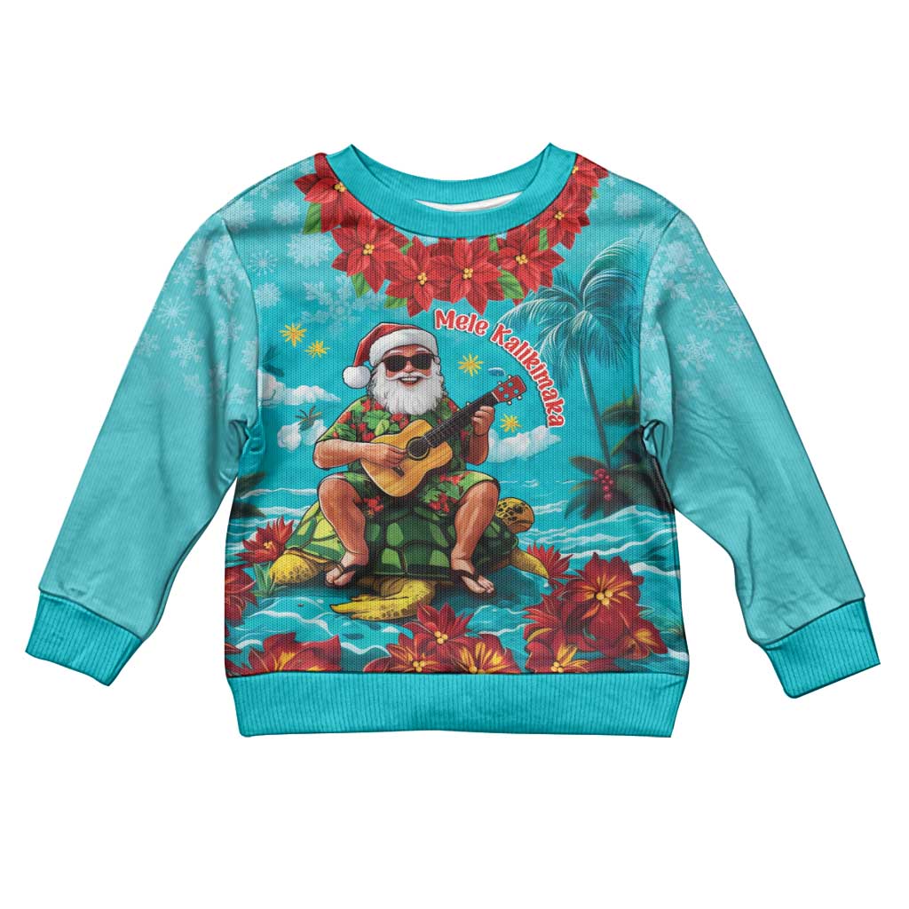 Hawaii Christmas Kid Ugly Christmas Sweater Mele Kalikimaka Poinsettia Lei - Cyan