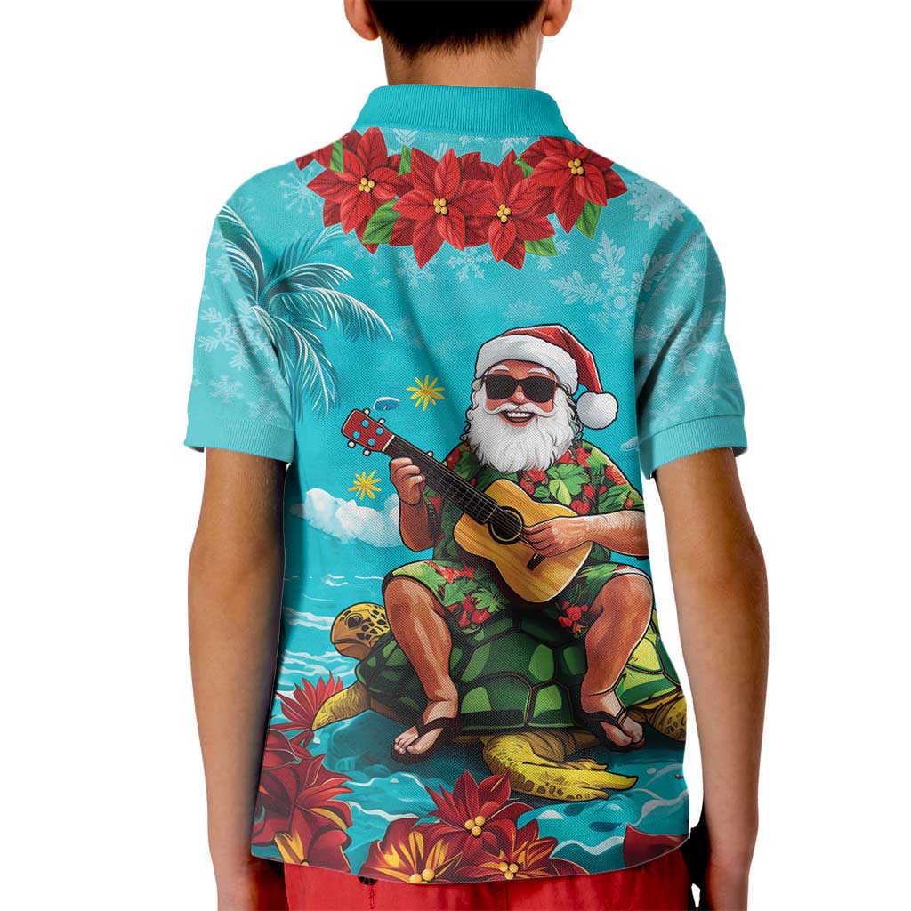Hawaii Christmas Kid Polo Shirt Mele Kalikimaka Poinsettia Lei - Cyan