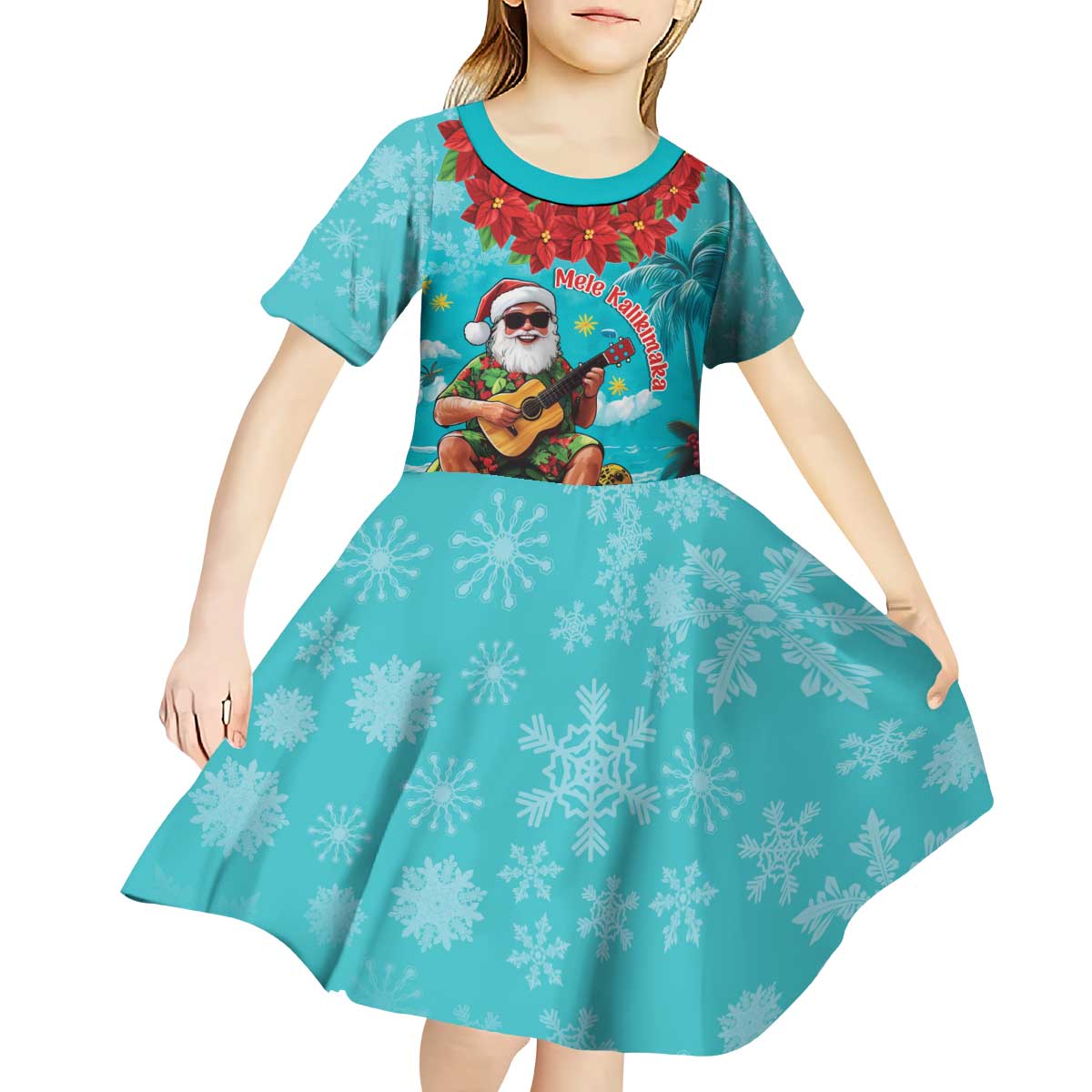 Hawaii Christmas Kid Short Sleeve Dress Mele Kalikimaka Poinsettia Lei - Cyan